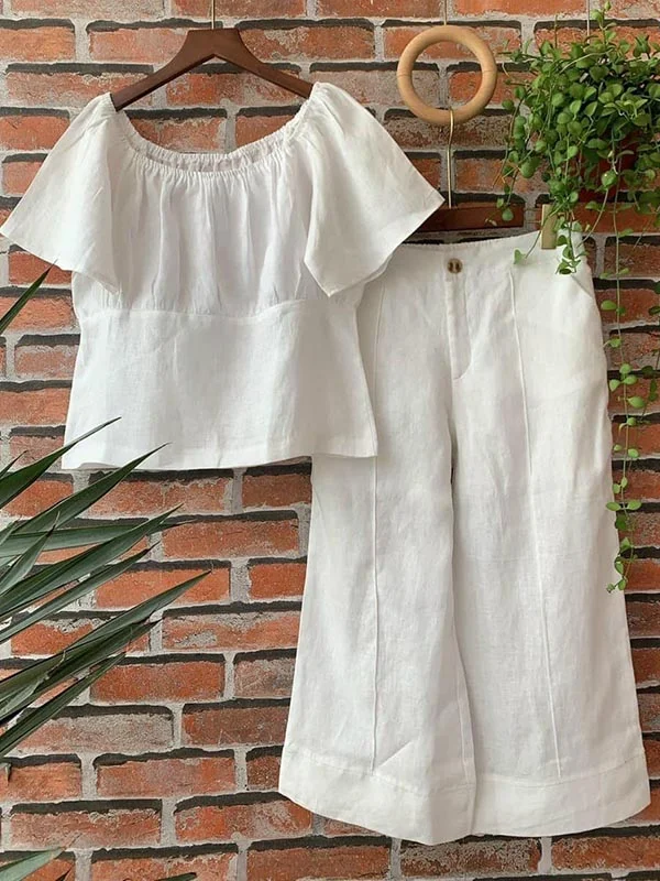 Casaual Solid Color Top With Pants Linen Set