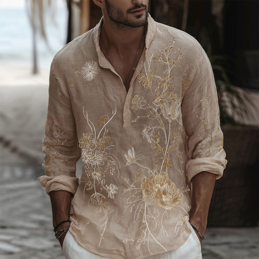 Men's Floral Embroidered Casual Shirt  artssus