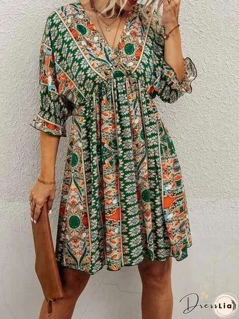 Women's Dresses Vintage Print V-Neck Elastic Waist 3/4 Sleeve Dress