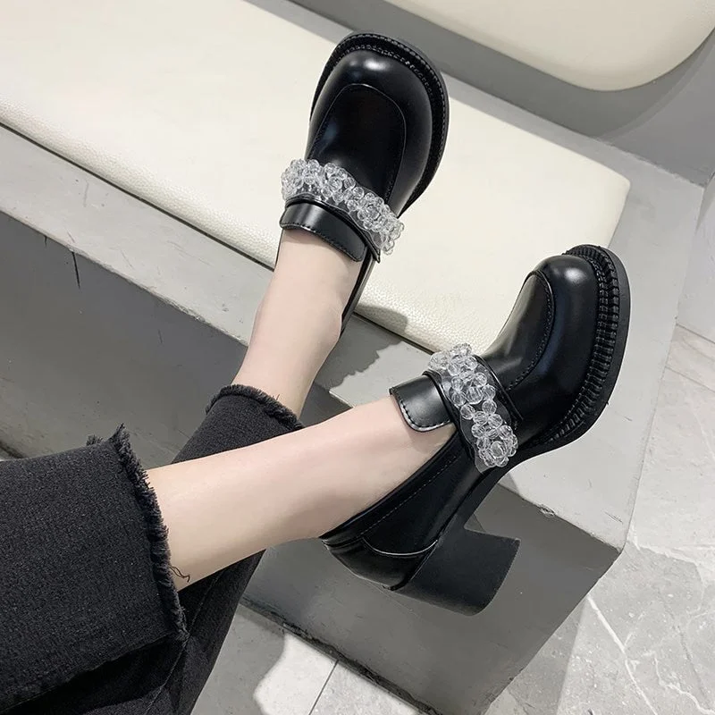 Transparent Bead PU Leather Shoes Woman Retro Round Toe Chunky High Heels Loafers Women 2022 Spring New Black Party Pumps