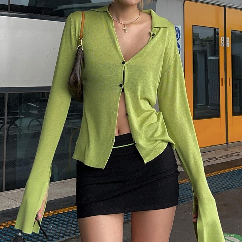 Sweetown Retro Green Solid Casual Tops And Blouses Women 2022 Single Breasted Long Sleeve Elegant Fashion Spring Cardigan Shirts
