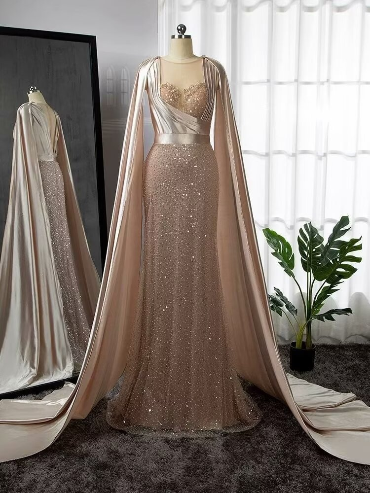 Lisliy Pink Beaded Mermaid PromDress with Removable Cape Sleeve 