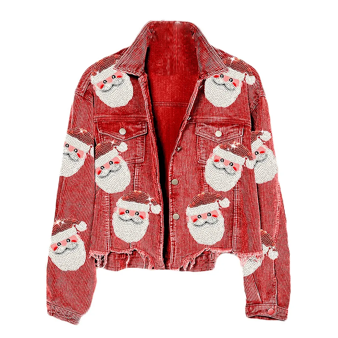 Uveng Santa Claus Vintage Jackets Single Breasted Christmas Corduroy Jackets Coats Retro Coats Chaqueta Navidad Mujer