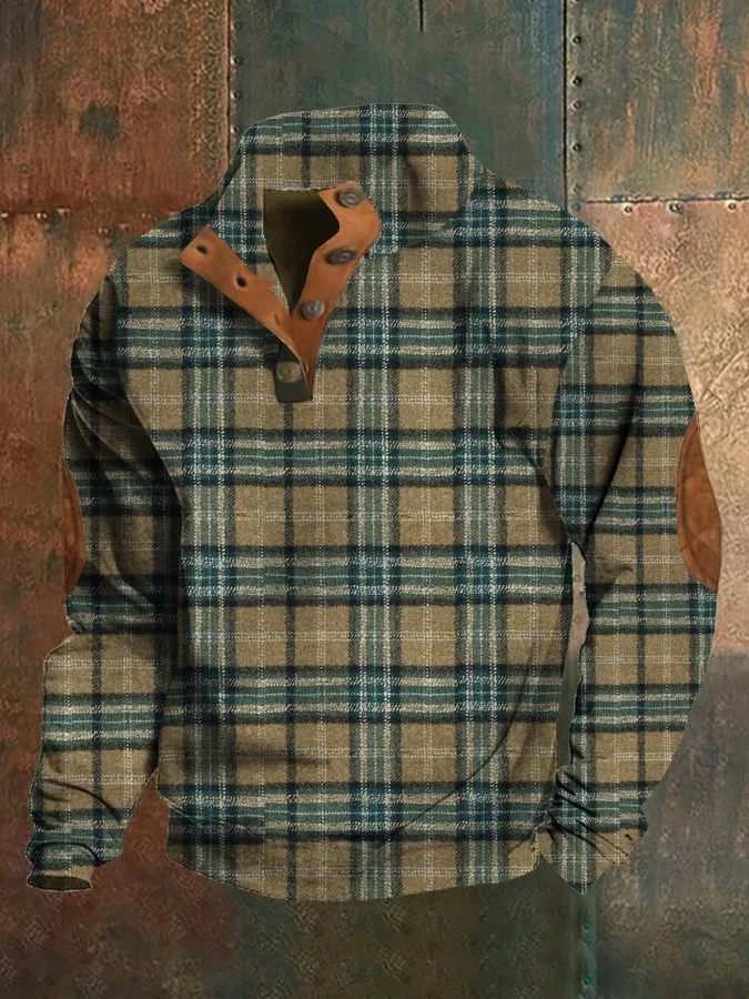 Men's Western Vintage Plaid Print Stand Collar Button-Down Sweatshirt