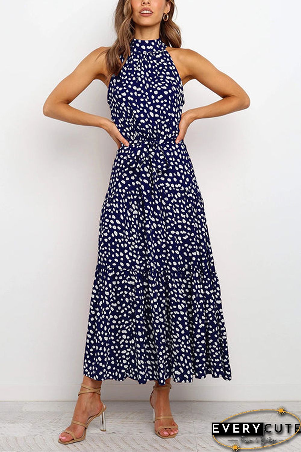 Print Belted Sleevelss Maxi Dress