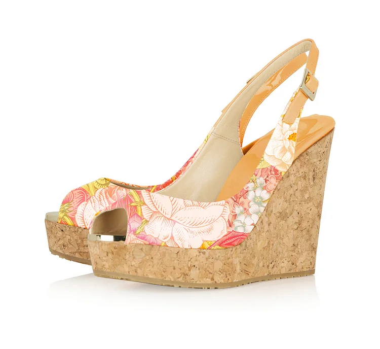 Floral Print Cork Wedges Peep Toe Heels Platform Slingback Pumps |FSJ Shoes