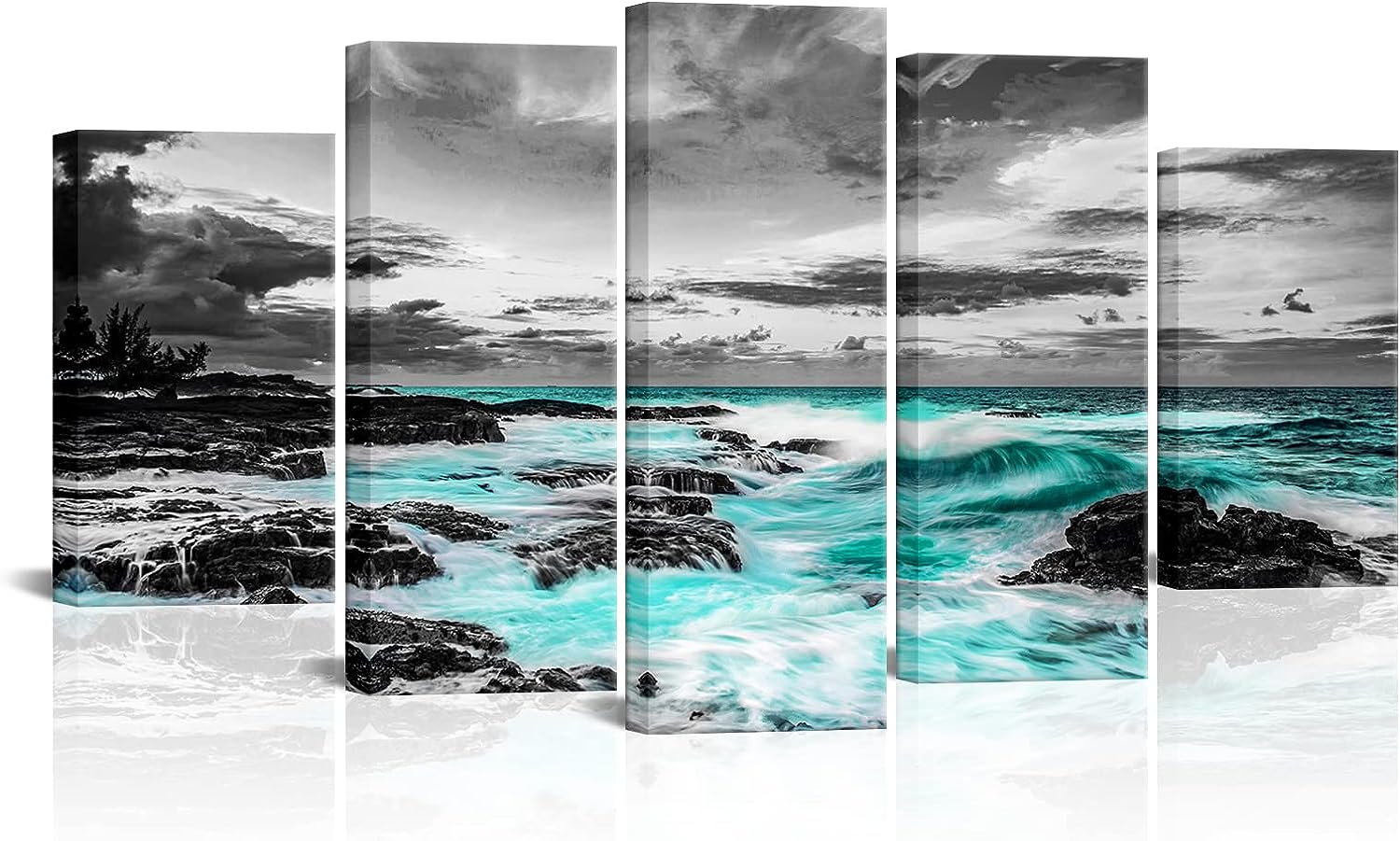 FuShvre 5 Piece Coastal Beach Canvas Wall Art Black and Teal Seaside Stone Wave Landscape Pictures Prints Large Ocean Painting Artwork for Bedroom Living Room Wall Decor Framed