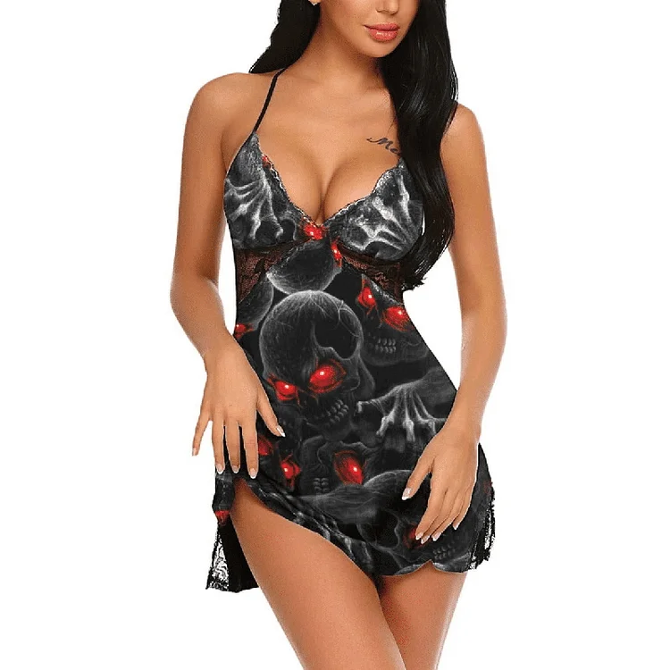 Women's Retro Skull Print V Neck Cami Cross Lace Backless Mini Dress