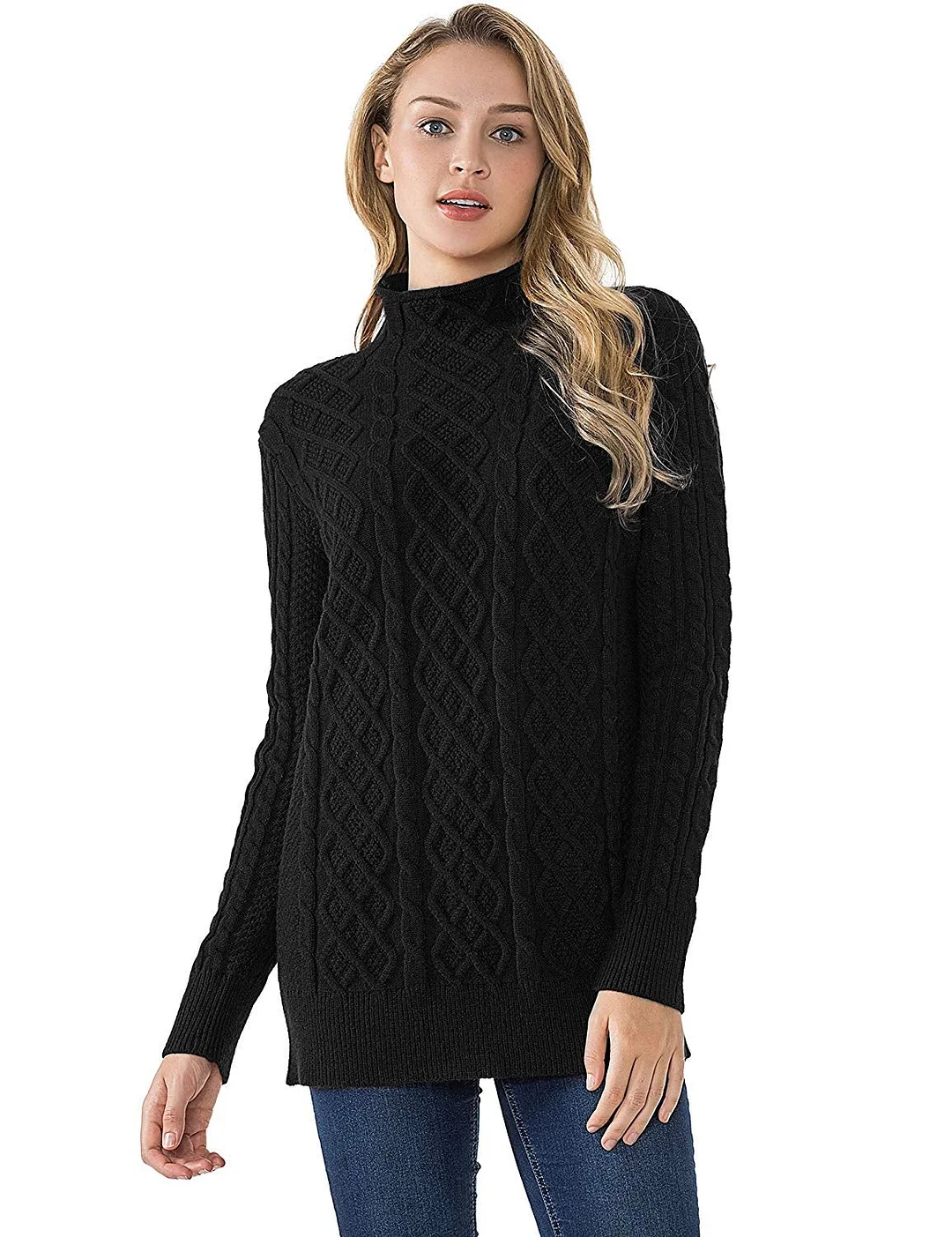 Women's Tunic Sweater Cable Knit Mock Neck Pullover Long Sweater Tops