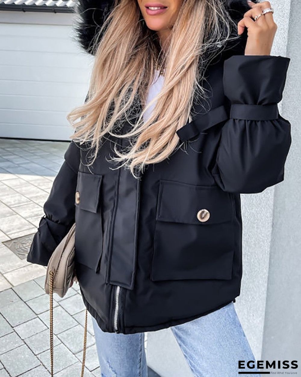 Faux Fur Patch Pocket Zipper Design Hooded Parker Coat | EGEMISS