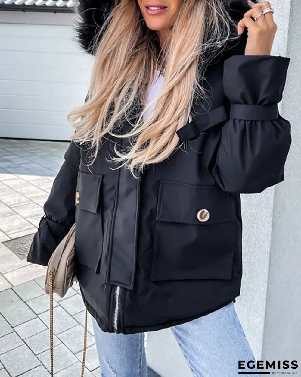 Faux Fur Patch Pocket Zipper Design Hooded Parker Coat | EGEMISS