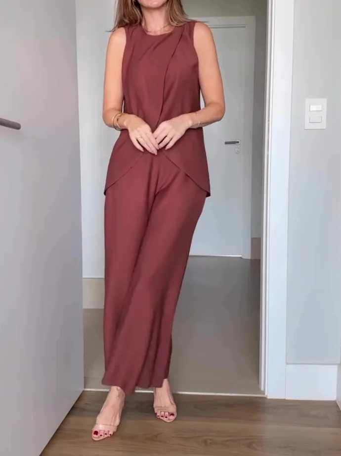 Brown Sleeveless Top High Waist Wide Leg Pants Set