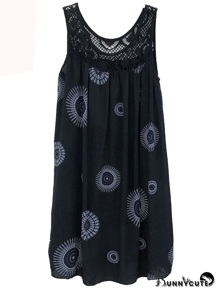 Women Sleeveless Printed Round Neck Lace Plus Size Dress