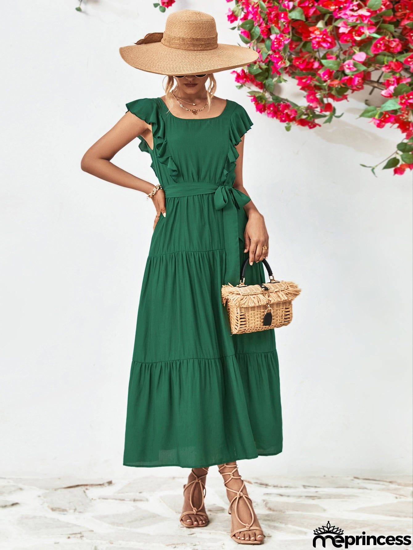 Tie Belt Ruffled Tiered Dress