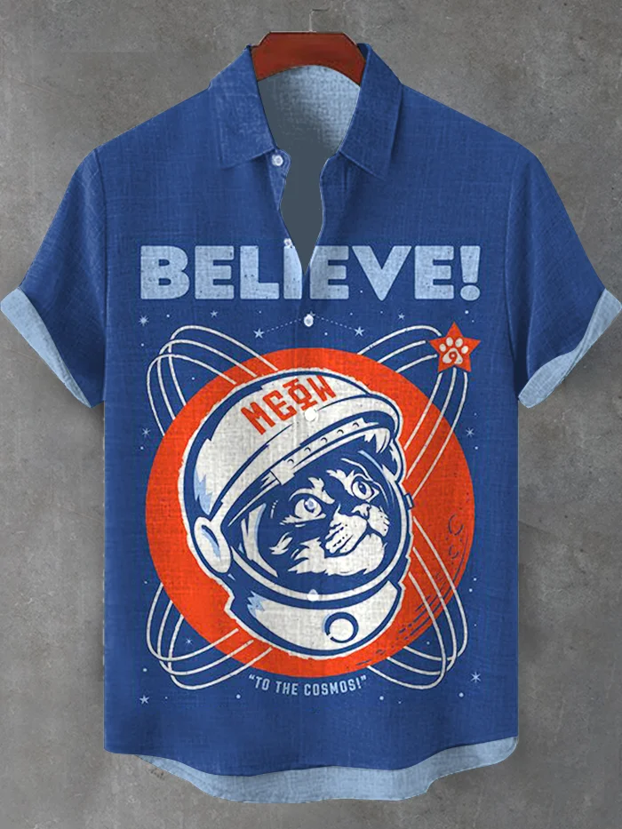 Men's Believe Retro Cat Astronaut Print Casual Shirt