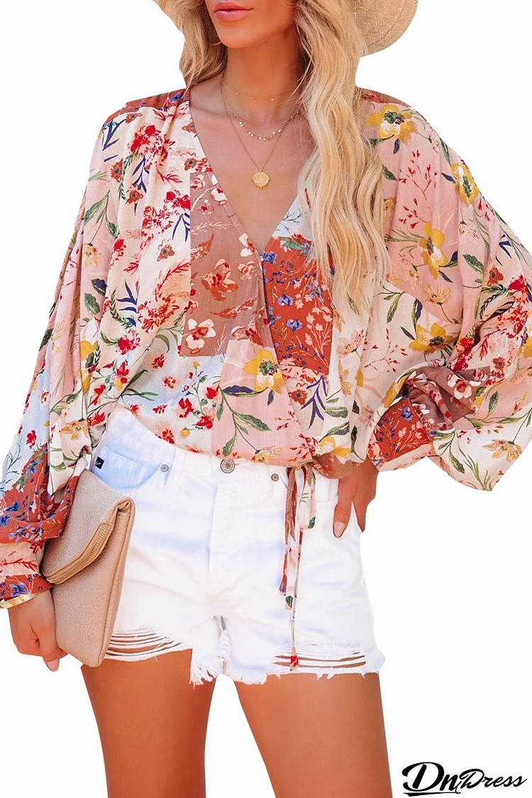 Multicolor Floral Print Patchwork Wrap V Neck Blouse