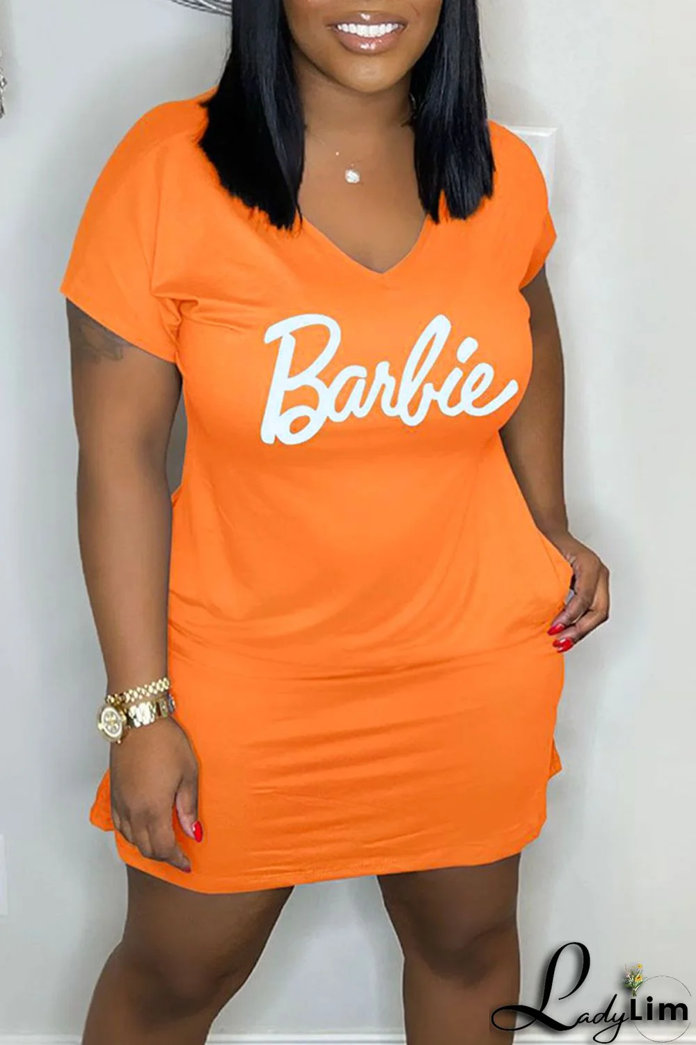 Pink Casual Print Patchwork V Neck Straight Dresses