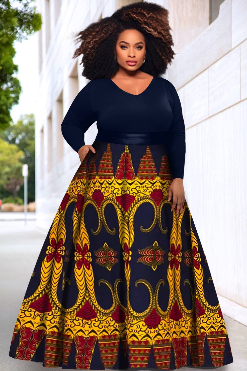 Design Plus Size Daily Multicolor Ankara V Neck Long Sleeve Pocket Knitted Maxi Dresses [Pre-Order]
