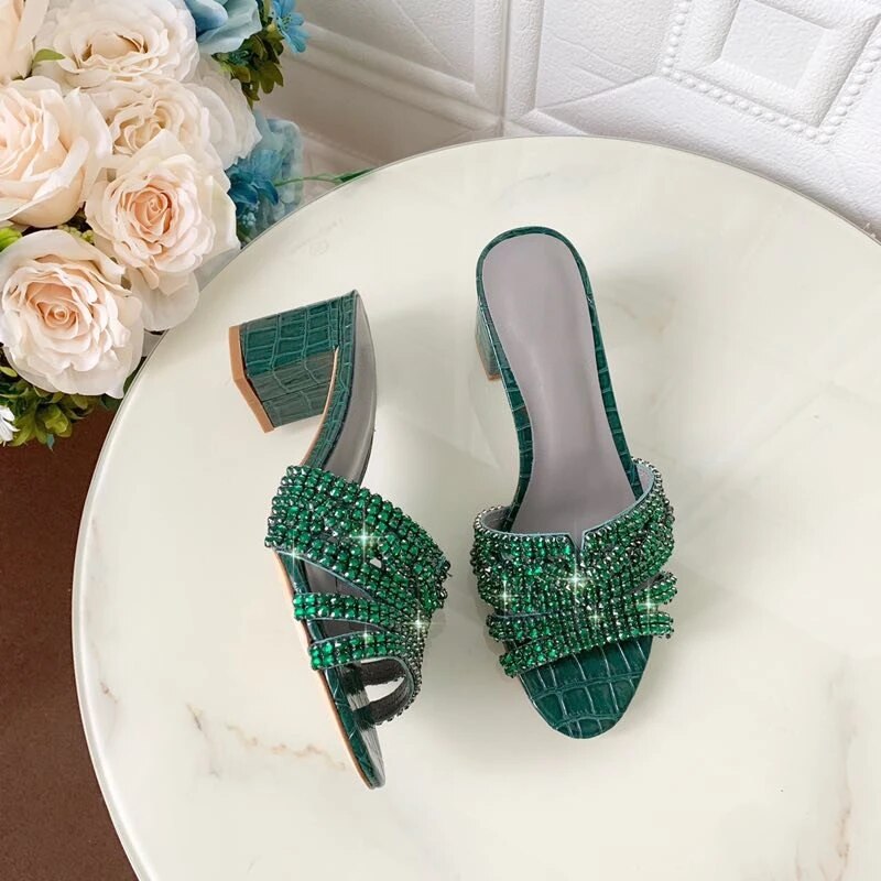 Diamond Rhinestone Shoes Woman Genuine Leather Med Hoof Heel Open Toe Slim Sandals Women