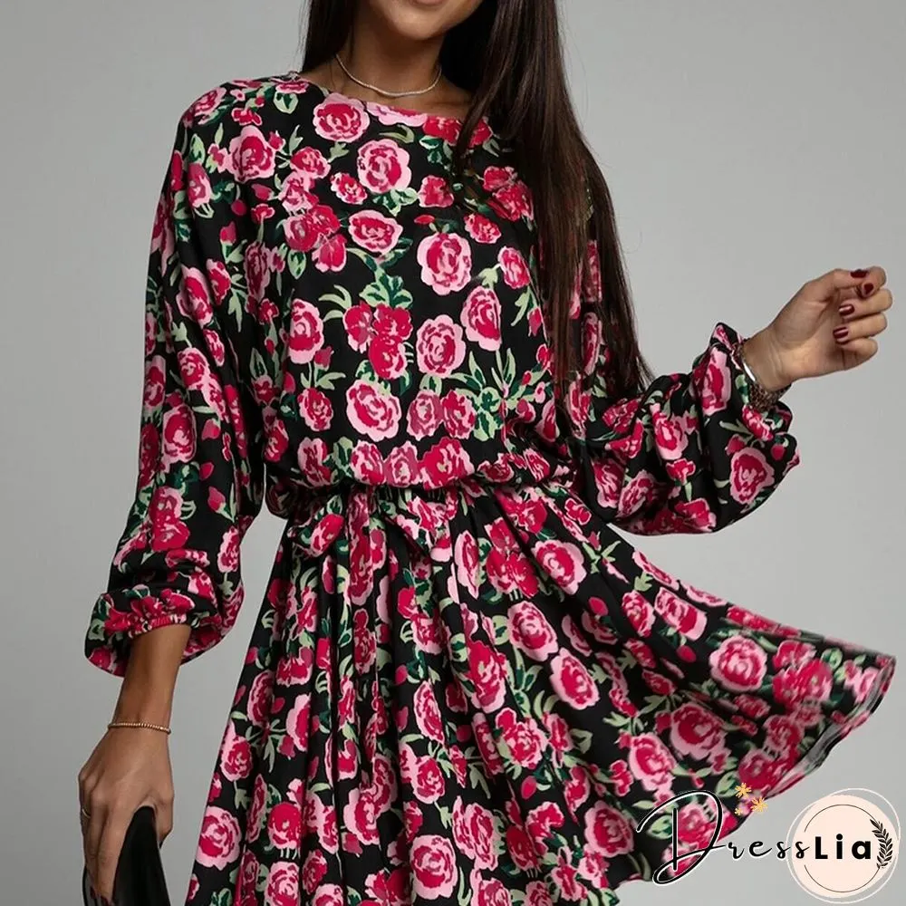 Womens Clothing Dress Elegant Floral Print O-neck Lace Full Sleeves A-line Mini Pleated