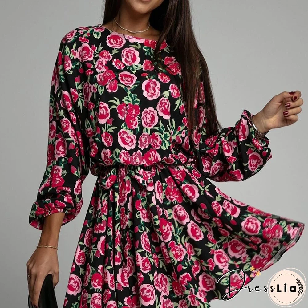 Women's Clothing Dresses Elegant Floral Print Dress O-neck Lace Up Full Sleeves A-line Mini Pleated Dresses New