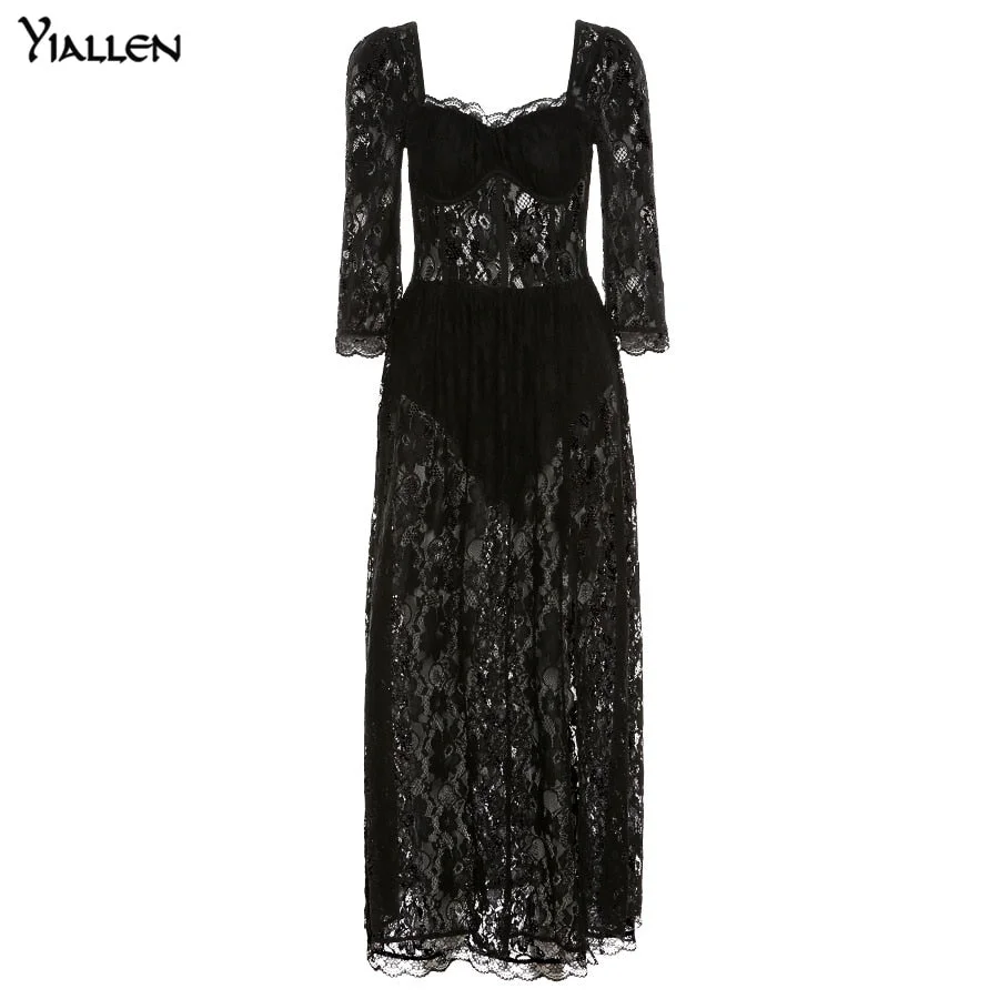 Yiallen 2021 Y2k Fashion Party Vacation Beach Sexy Black Lace Long Dress Women's Spring Quarter Sleeve Mid-Calf Dresses Clubwear