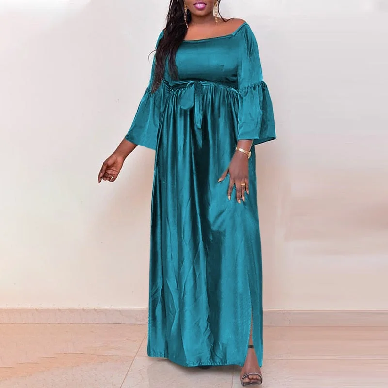 Women Off Shoulder Dress 2022 VONDA Vintage Tunic Long Maxi Dress Summer Beach Sundress Casual Side Slit Vestido Robe Femme