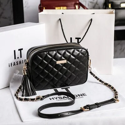 Tassel Women Messenger Bags small PU leather Crossbody Bags Diamond pattern design Chain female Shoulder Bags Phone Purse black