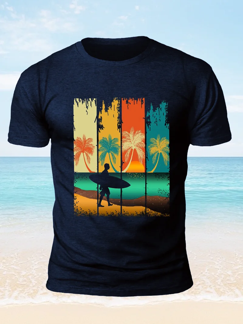 Colorful Beach And Coconut Tree Print Short Sleeve Men's T-Shirt in  mildstyles