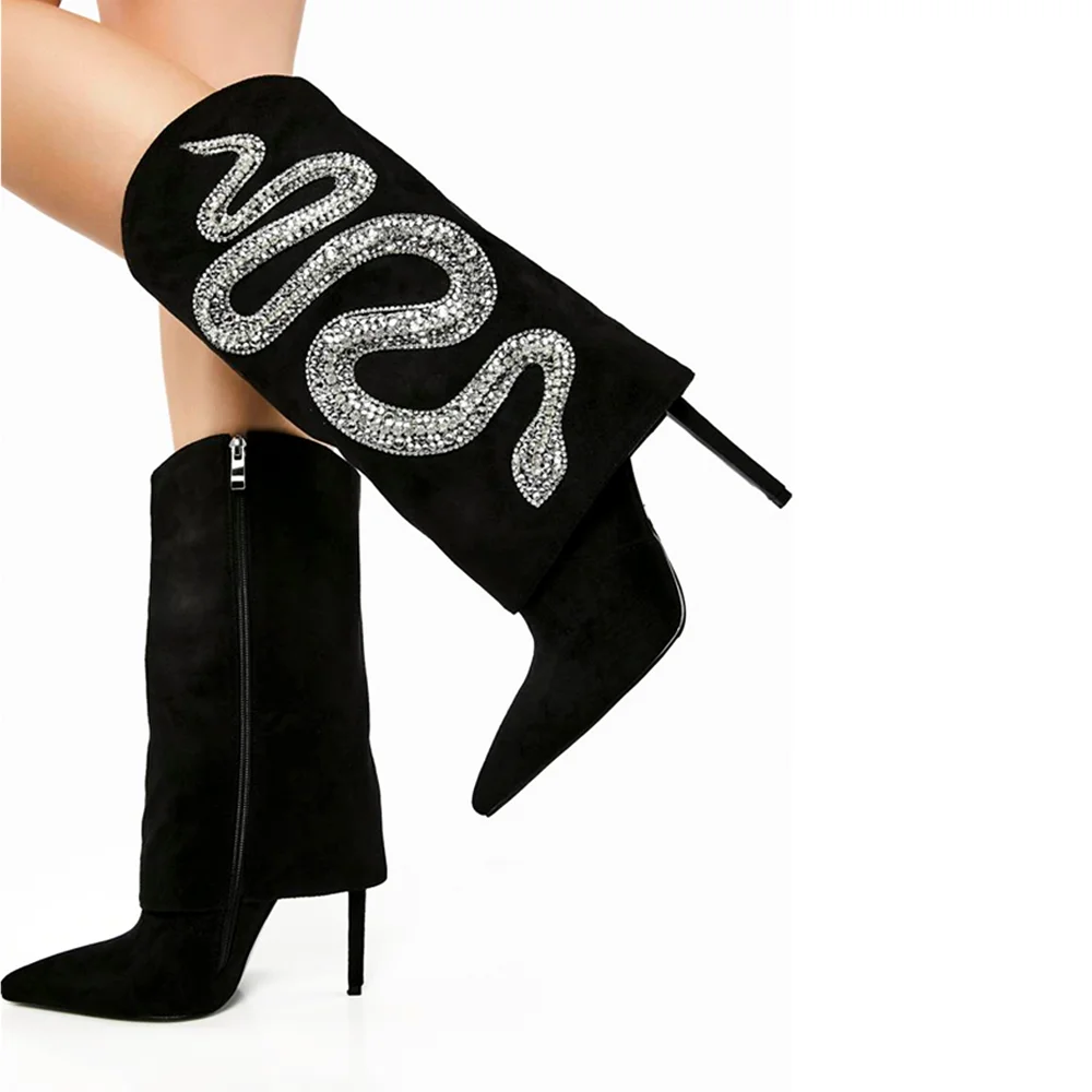 Black Rhinestone Snake Mid-Calf Fold Over Boots with Stiletto Heel Nicepairs