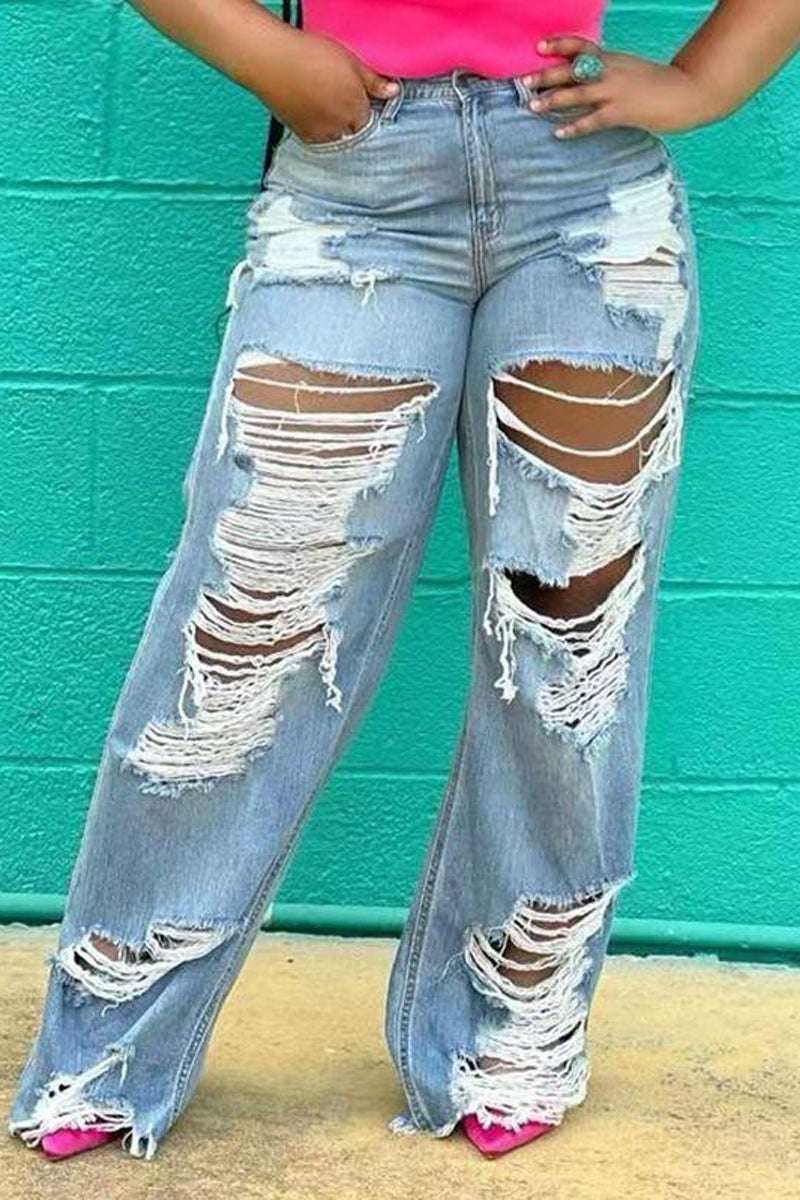 Plus Size Casual Blue Hollowed Out Wide Leg Distressed Jeans