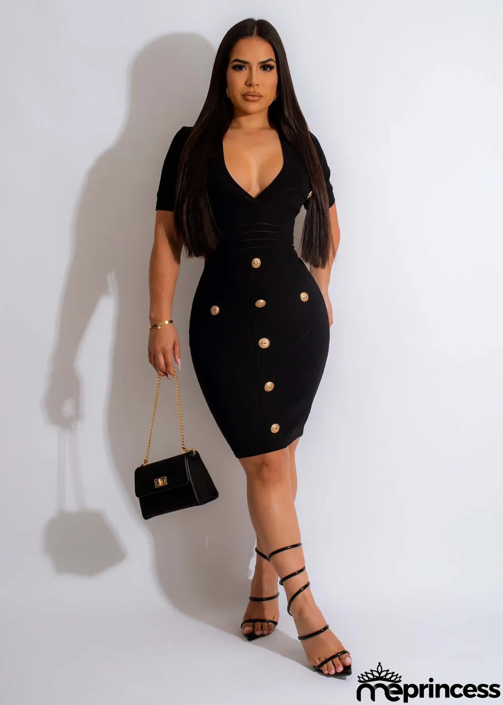 Solid Color V Neck Knits Midi Dress