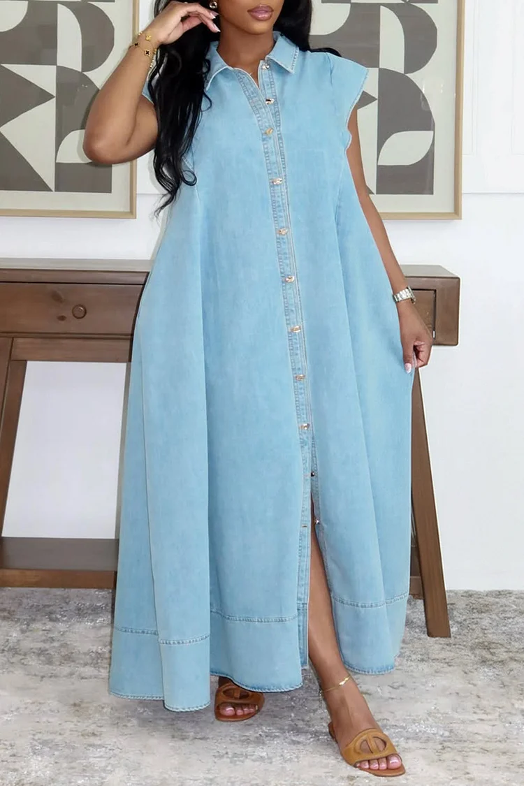 Plus Size Daily Blue Shirt Collar Short Sleeve Pocket Button Denim Maxi Dresses [Pre-Order] 2024 - Xpluswear