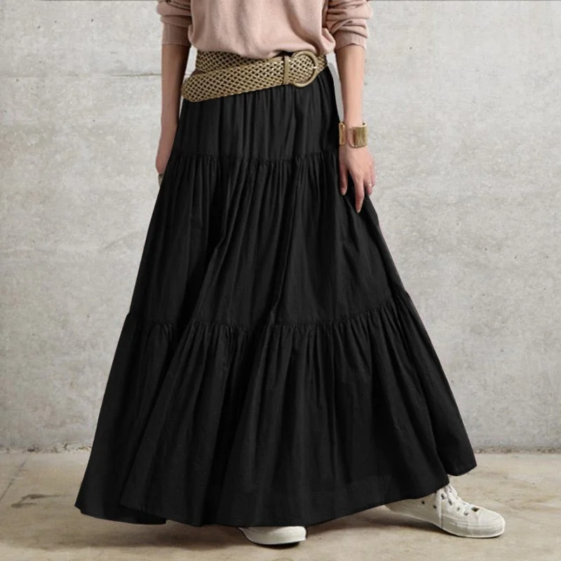 ZANZEA Stylish Women Spring Skirts Vintage Elastic Waist Faldas Saia Female Ruffles Maxi Sundress Casual Jupe Solid Long Skirt