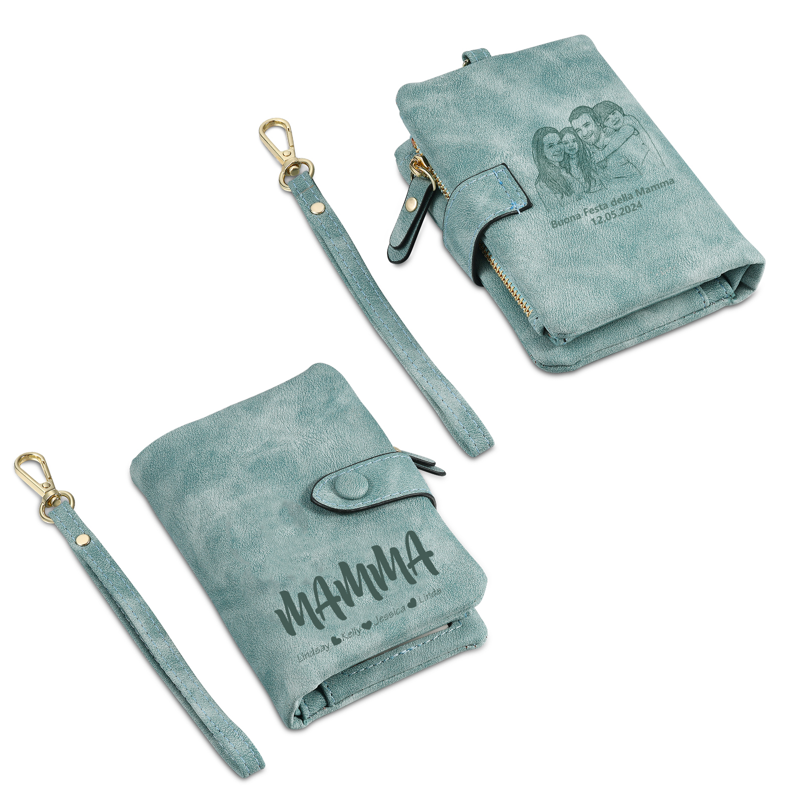 Portafoglio in PU pelle con 8 nomi & 2 testi & 1 foto personalizzati per mamma