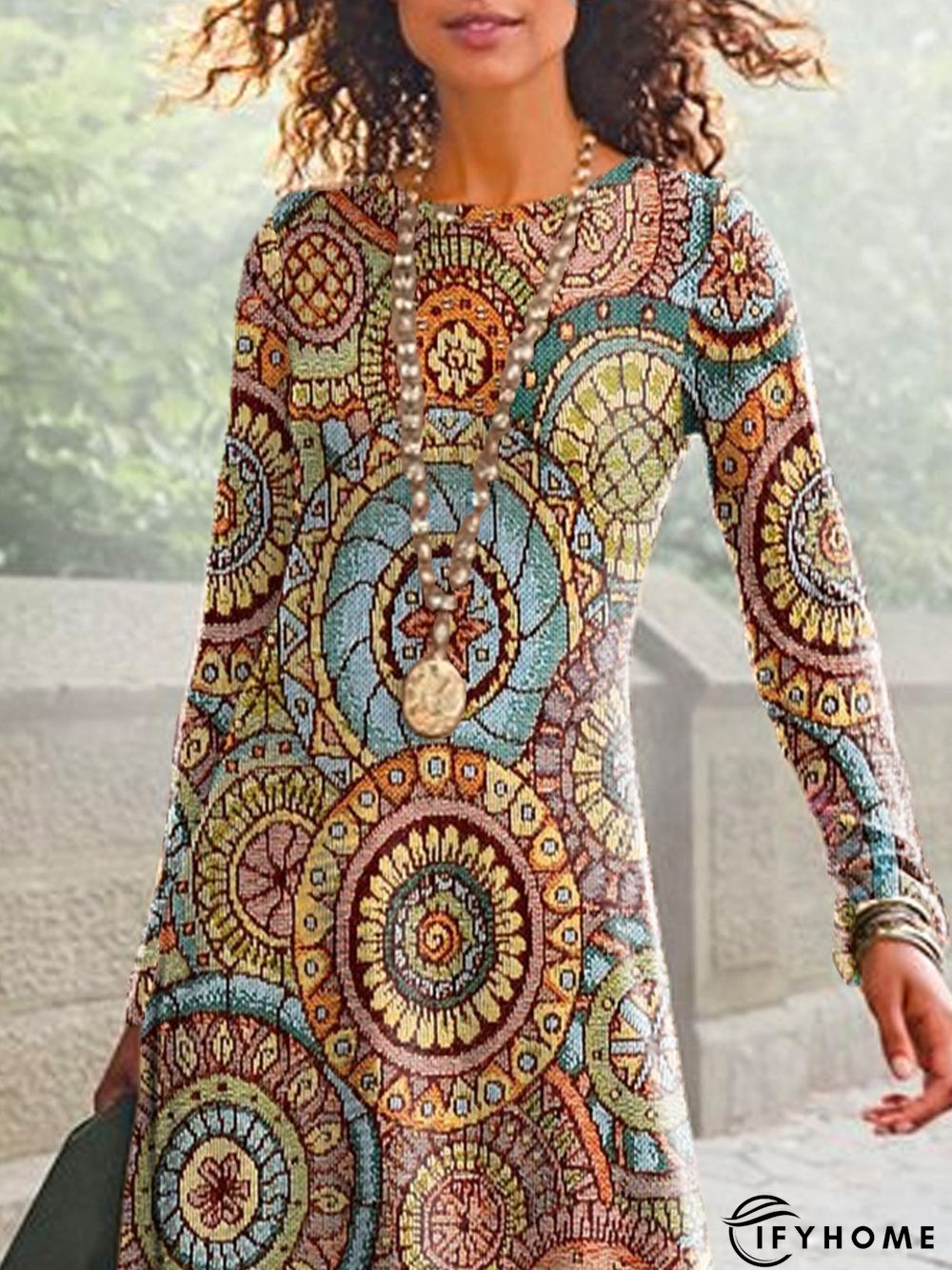 Ethnic Printed Long Sleeve Crew Neck Casual Dress | IFYHOME