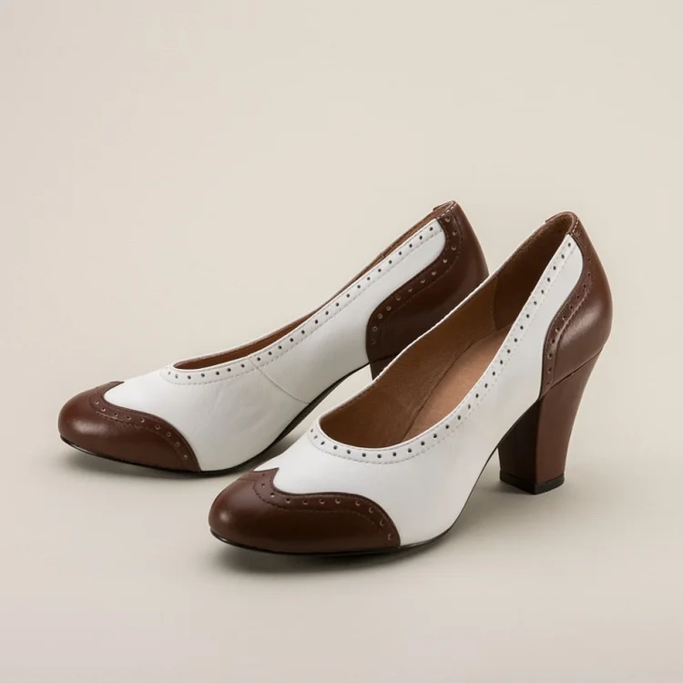 White and Brown Low-cut Uppers Round Toe Vintage Heels Pumps |FSJ Shoes