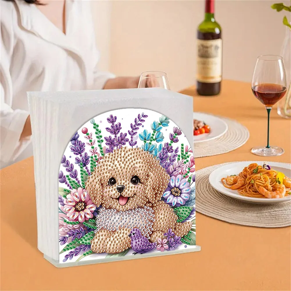 DIY Puppy Flower Diamond Painting Acrylic Napkin Rack Decor for Home Office Decor