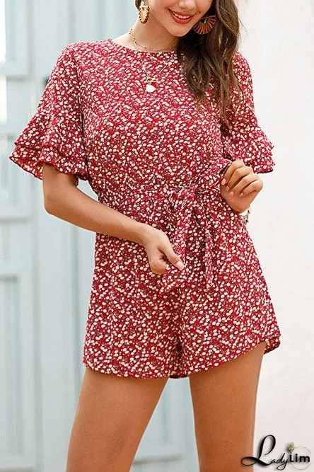 Ruffle Sleeve Cutout Back Floral Romper