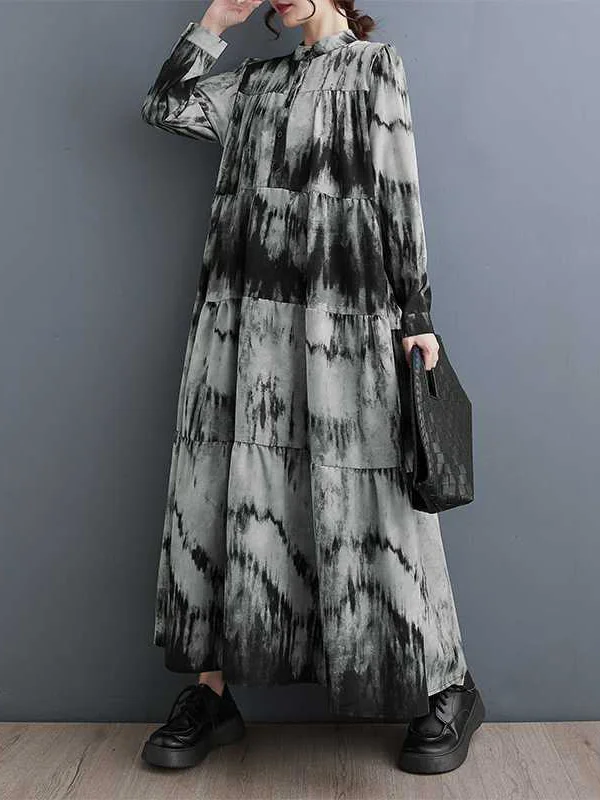 Split-Joint Printed Pleated Loose Long Sleeves Stand Collar Midi Dresses