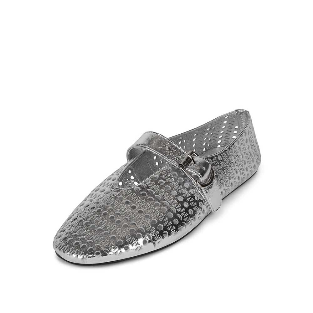 Silver Vegan Leather Round Toe Flat Ballet Shoes with Buckle Nicepairs