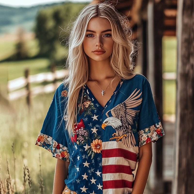 Comstylish Vintage Independence Day Eagle Floral Comfy Linen T-shirt