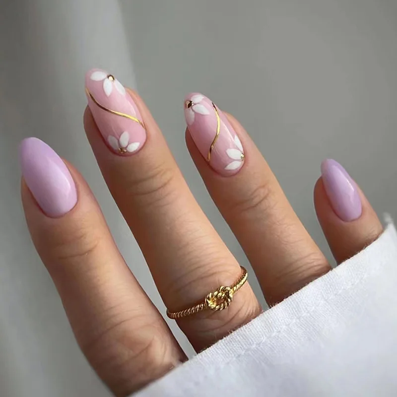 Churchf Churchf Elegant Fresh Taro Purple Pure Color Nail Gold Foil Line Flower Fake Nails Cure Mood Series Wear Armor