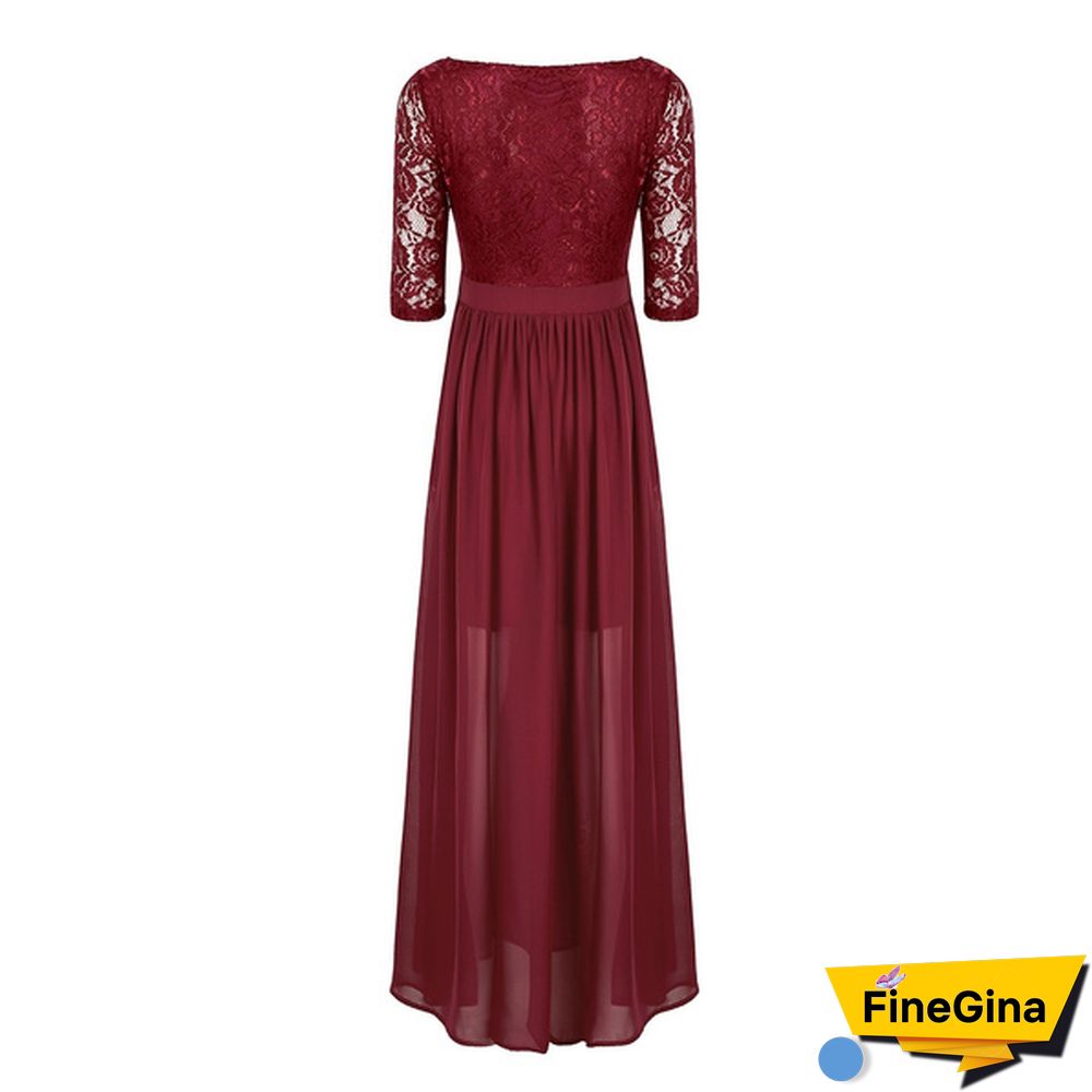 Womens Half Sleeved Embroidered Lace Top Front Slit Chiffon Wedding Bridesmaid Gown Prom