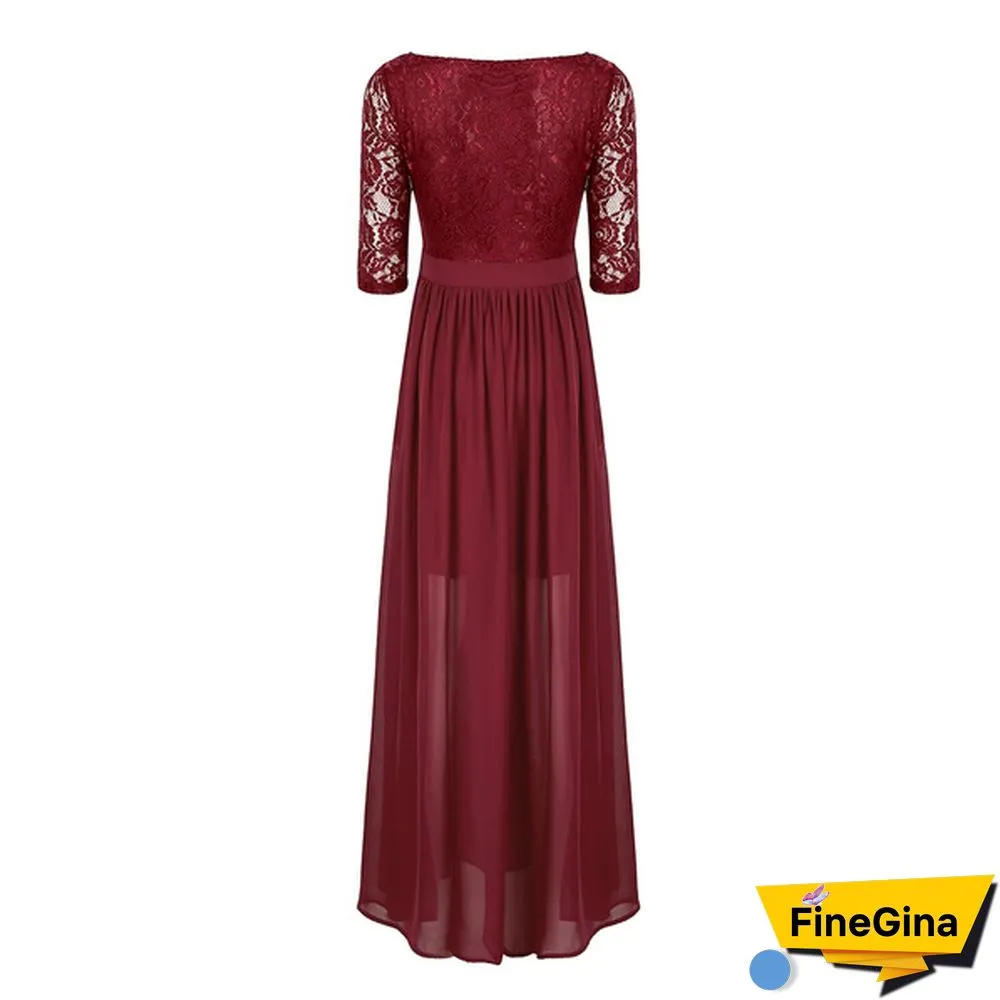 Womens Half Sleeved Embroidered Lace Top Front Slit Chiffon Wedding Bridesmaid Gown Prom
