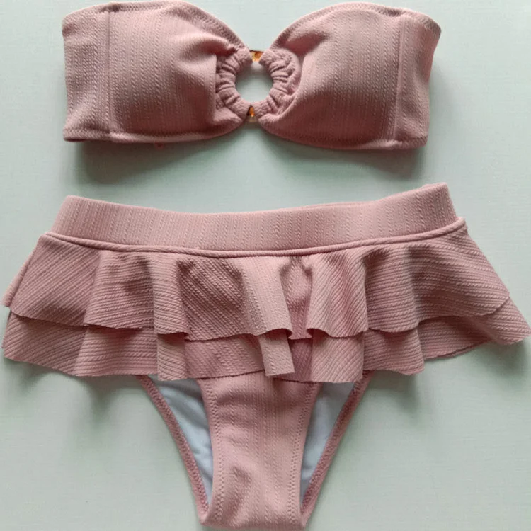 Ruffled Solid Color Bikini Swimsuit