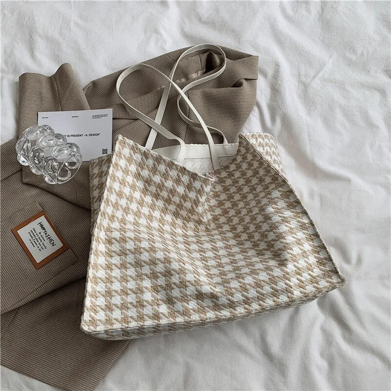 Big Tote Bag Women Bag Vintage High-capacity Shoulder Bags Houndstooth Hasp Soft Handbag Shopping Bag Korean Lady Handbag