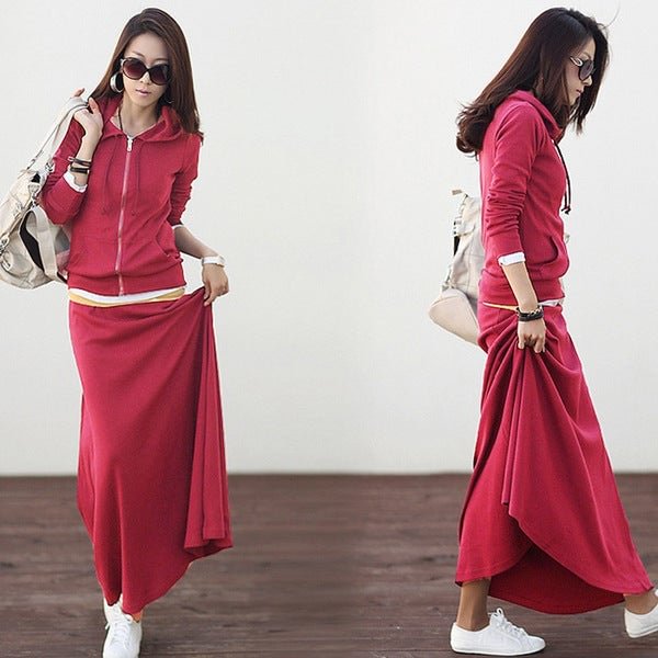 New Style Casual Slim Dress Hooded Large Sweater Two-Piece Dress Suit