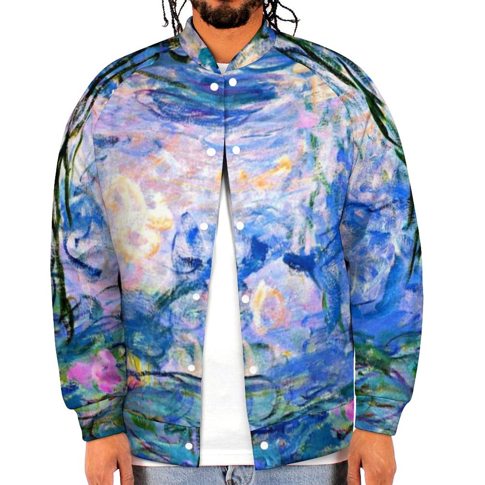 Claude Monets Famous Painting Water Lilies 1919 Sweatshirt Jacket Mens Casual Lightweight Button Up Bomber Jacket Outwear