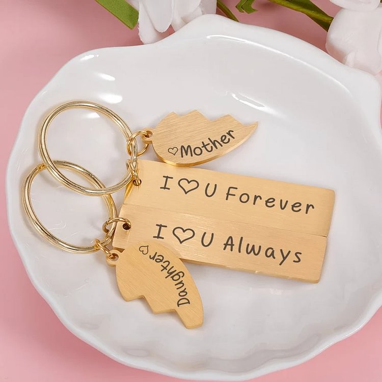 Mother and Daughter Keychain Personalized Two Soul One Heart Stainless Steel Keyring